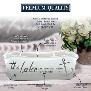 Pavilion - at The Lake - 12-Ounce Wax Reveal Natural Soy Wax 3 Wick Candle, Jasmine Scented, Hidden Message Candle, Lake House Décor, 1 Count, 7.5 x 3.5 x 2.25-inch, Gray