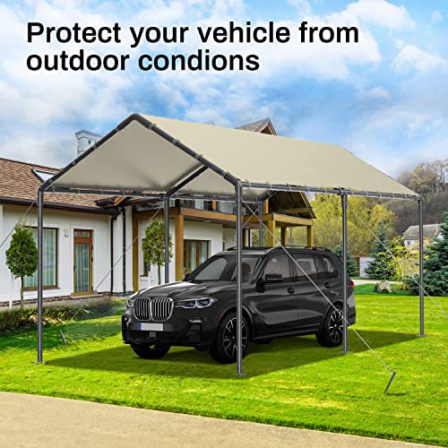 Carport Canopy 10x20 Heavy Duty, Metal Carport Waterproof Carport Garage Tent Outdoor for Car Tuck Boat SUV Party (Beige)