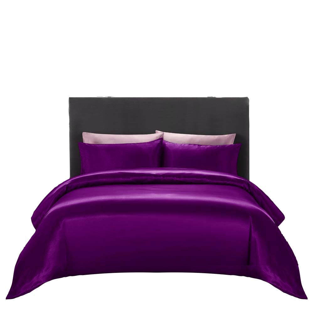 WegaLinen Utra Soft Silk Satin Alaskan King 5 Piece Duvet Cover Set Luxury Egg Plant Satin Zipper Closure Soft Comforter Protector Alaskan King 132x120