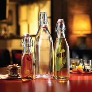 Bormioli Rocco Set Of 2 Square Swing Top Glass 8.5 Oz. Bottles With Airtight Hermetic Lid, Bottles Kombucha, Beer, And Limoncello, Dishwasher Safe, Made In Italy.