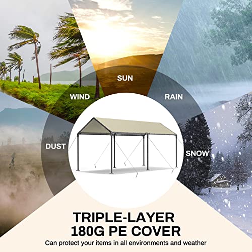 Carport Canopy 10x20 Heavy Duty, Metal Carport Waterproof Carport Garage Tent Outdoor for Car Tuck Boat SUV Party (Beige)