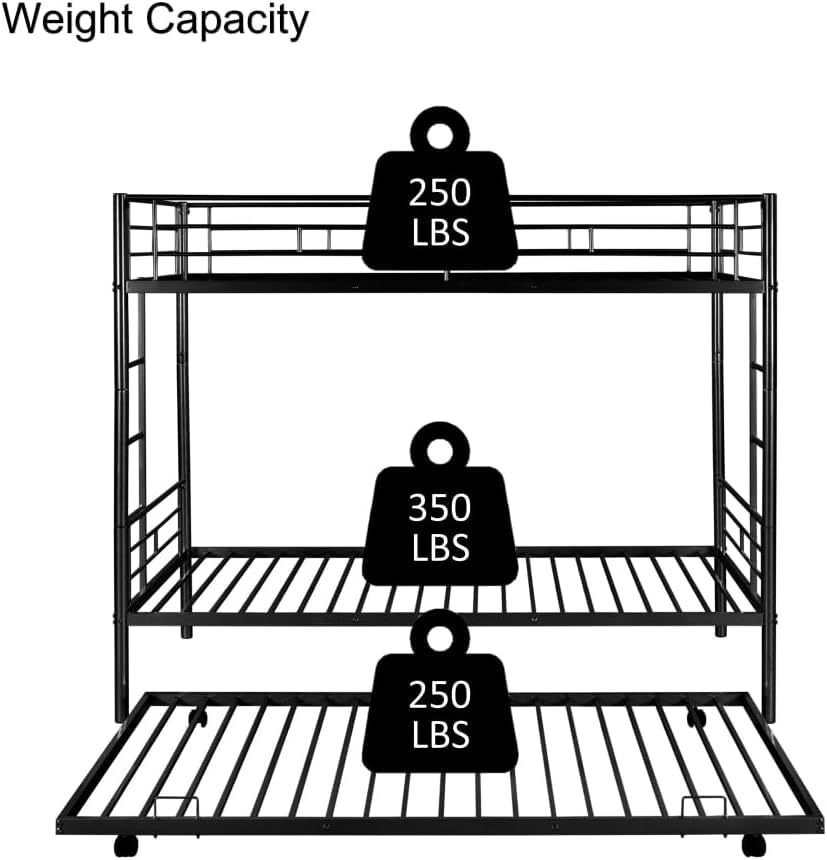 DaiNNCN Twin Over Twin Bunk Bed with Trundle,Can Be Divided Into 3 Bed Metal Heavy Duty for Kids Boys Girls Adults-Black