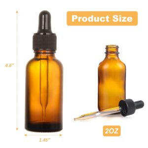 LANBEAUTIFY 2 oz Glass Dropper Bottles - 6 Pack Eye Dropper Bottles with Funnels & Labels - 60ml Amber Glass Tincture Bottles for Essential Oils, Liquids (2OZ-2PCS)