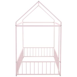 Aiuyesuo Playhouse Design Twin Size House Bed with Fence, Metal Montessori Floor Bed Frame with Roof for Toddler, Kids, Teens, Girls, Boys, No Box Spring Needed (Pink-T9)