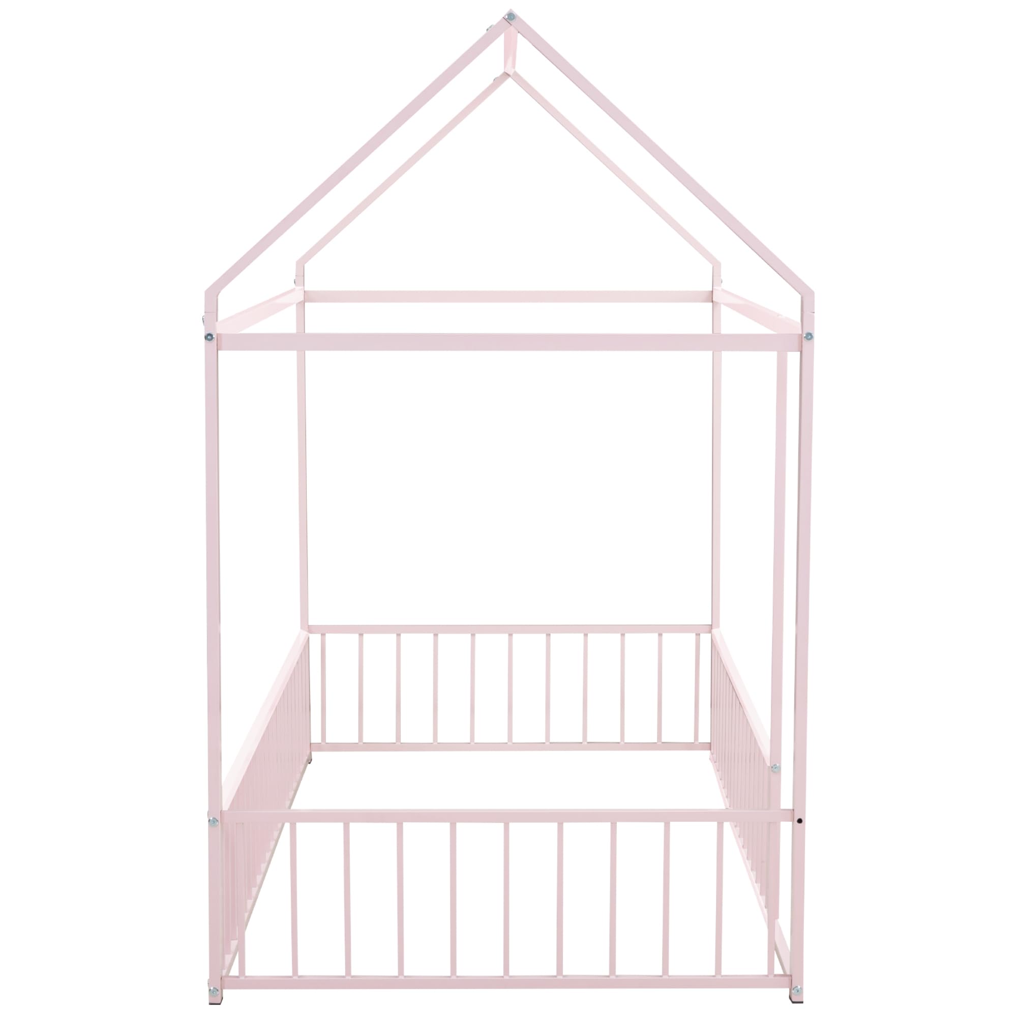 Aiuyesuo Playhouse Design Twin Size House Bed with Fence, Metal Montessori Floor Bed Frame with Roof for Toddler, Kids, Teens, Girls, Boys, No Box Spring Needed (Pink-T9)