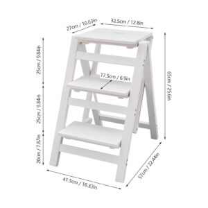 BANLICALI Chair Ladder, 3-Step Ladder Folding Step Stool Ladder Chair, White Pinewood Kitchen Step Stool Counter Chair for Kitchen, Bedroom, Living Room, Warehouse Load 100kg/ 220.46 lbs