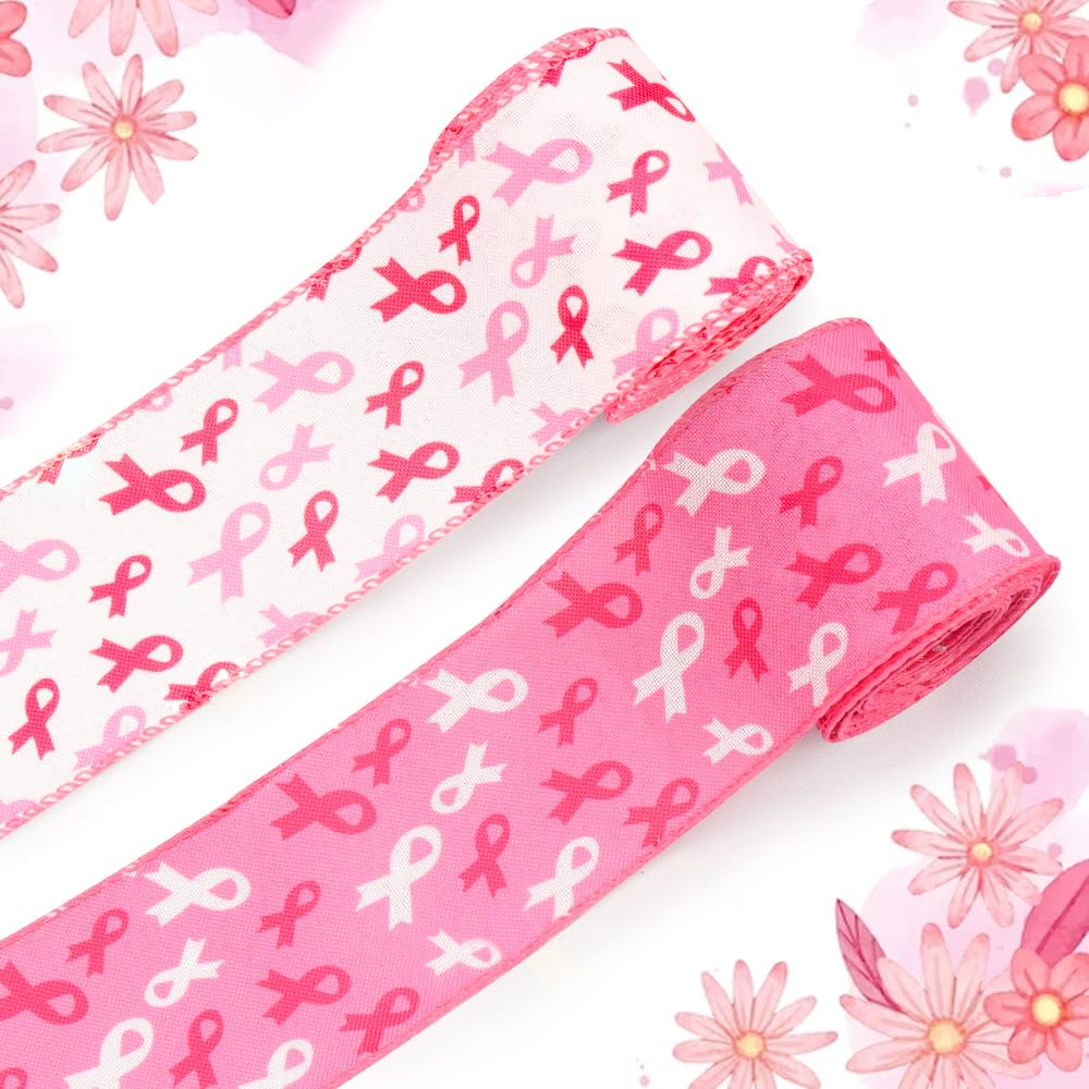 Threetols 2 Rolls 10 Yards Breast Cancer Awareness Wired Edge Ribbons, 2.5inch Pink White Awareness Ribbon, Breast Cancer Ribbon for Breast Cancer Awareness Women Activities Wreath Bow Decor