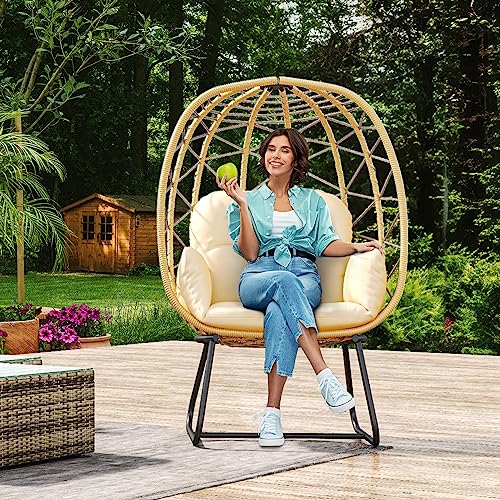 YITAHOME Egg Chair with Stand Outdoor Indoor Egg Lounge Chair with Cushion Wicker Chair PE Rattan Chair Included for Patio, Garden, Backyard, Porch, Beige