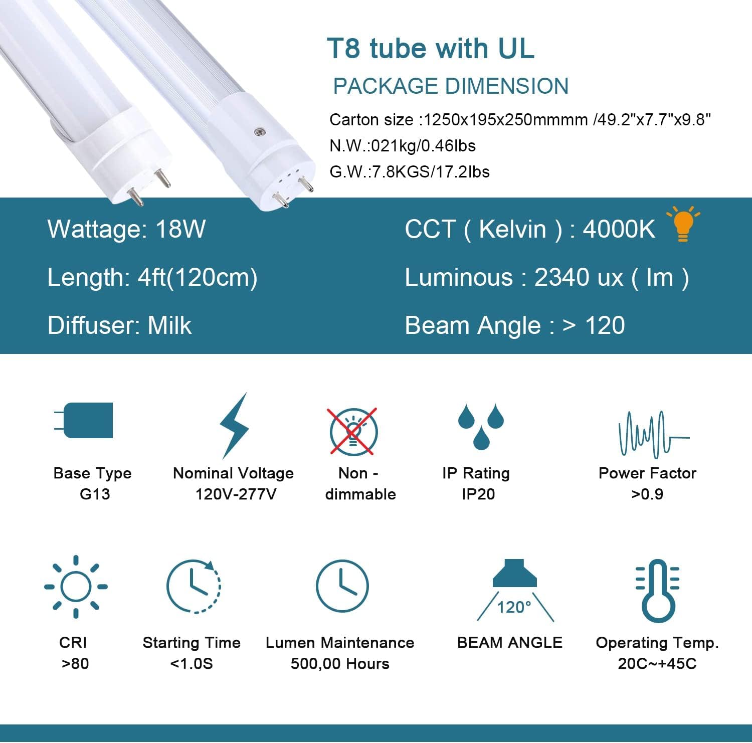 H&B Luxuries 4FT LED T8 Ballast Bypass Type B Light Tube, 18W, Single-Ended & Dual-Ended Connection, 2340LM, G13 Base,T8 T10 T12 Fluorescent Bulbs Replacement, UL & DLC - 4000K (5Pcs)