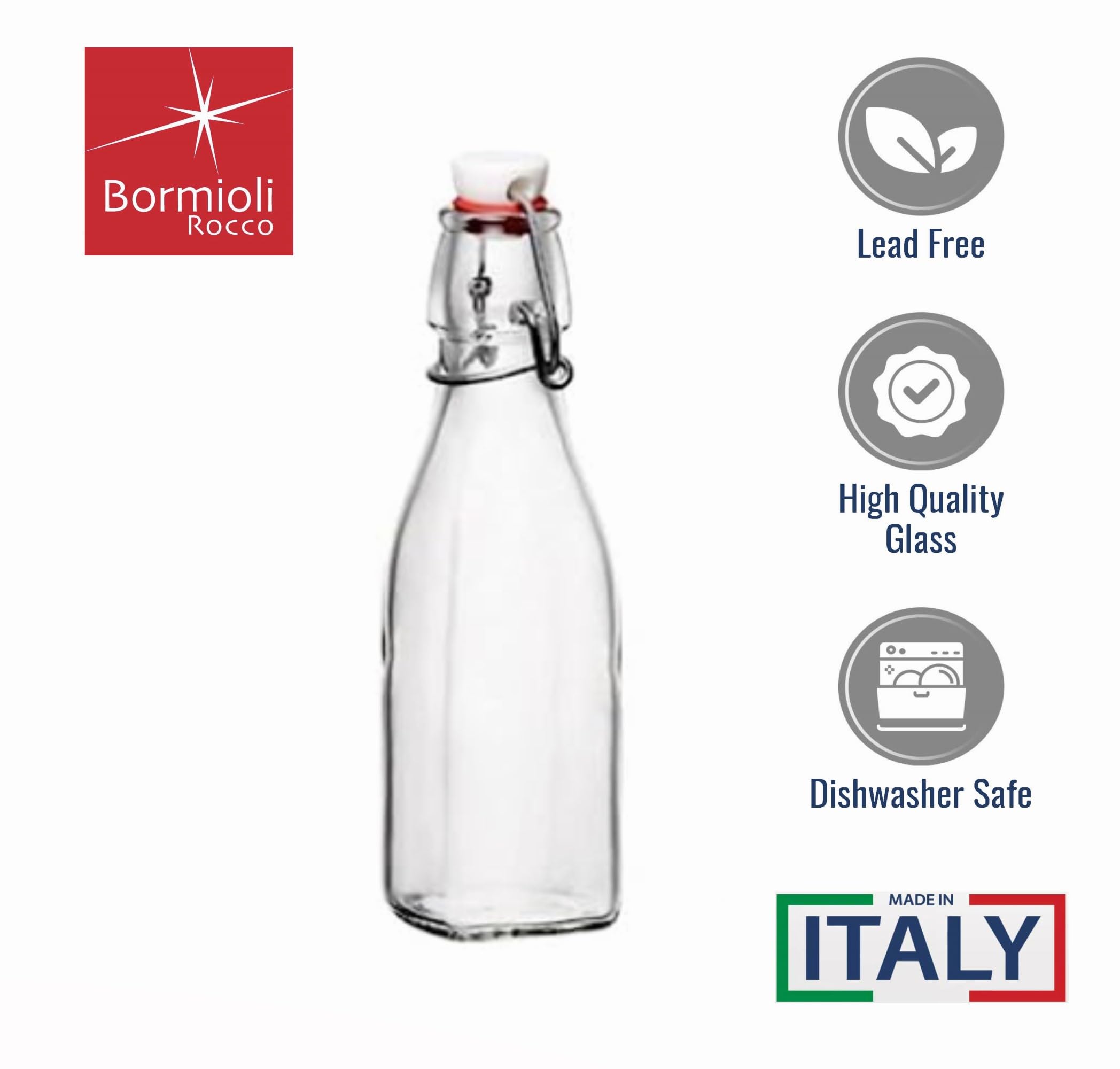 Bormioli Rocco Set Of 2 Square Swing Top Glass 8.5 Oz. Bottles With Airtight Hermetic Lid, Bottles Kombucha, Beer, And Limoncello, Dishwasher Safe, Made In Italy.