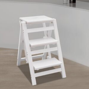 BANLICALI Chair Ladder, 3-Step Ladder Folding Step Stool Ladder Chair, White Pinewood Kitchen Step Stool Counter Chair for Kitchen, Bedroom, Living Room, Warehouse Load 100kg/ 220.46 lbs