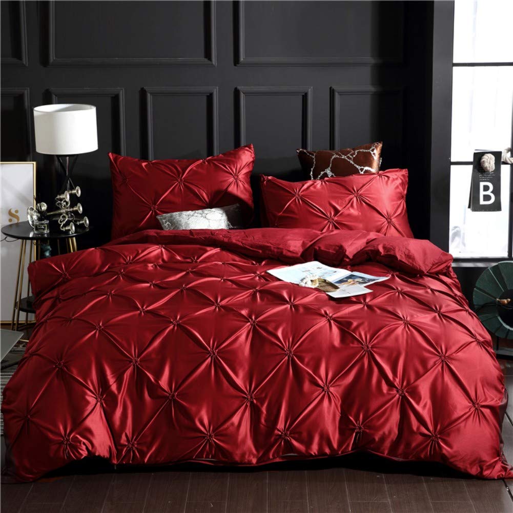 Kanak Bedding 5Satin Piece Pinch Pleated Comforter Set Super Soft Luxury Silk Satin Breathable Comfort Bedding Set 1Duvet Cover, 4Pillowcase(Olympic Queen,Burgundy)