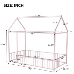 Aiuyesuo Playhouse Design Twin Size House Bed with Fence, Metal Montessori Floor Bed Frame with Roof for Toddler, Kids, Teens, Girls, Boys, No Box Spring Needed (Pink-T9)