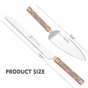 Wedding Cake Knife and Server Set, 420 Stainless Steel Rose Gold Cake Cutter and Pie Server Slicer, Rhinestones Studded Handle Cake Cutting Set for Wedding Gifts, Engagement Gifts for Groom and Bride