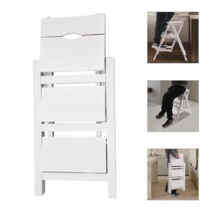 BANLICALI Chair Ladder, 3-Step Ladder Folding Step Stool Ladder Chair, White Pinewood Kitchen Step Stool Counter Chair for Kitchen, Bedroom, Living Room, Warehouse Load 100kg/ 220.46 lbs