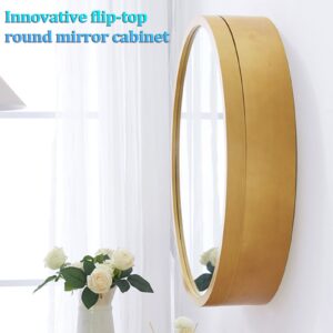 HM&DX Round Bathroom Mirror Cabinet, Circular Medicine Cabinet, Wall Surface Mounted Storage Cabinet with Mirror Door and Hide Shelves(60cm, Gold)