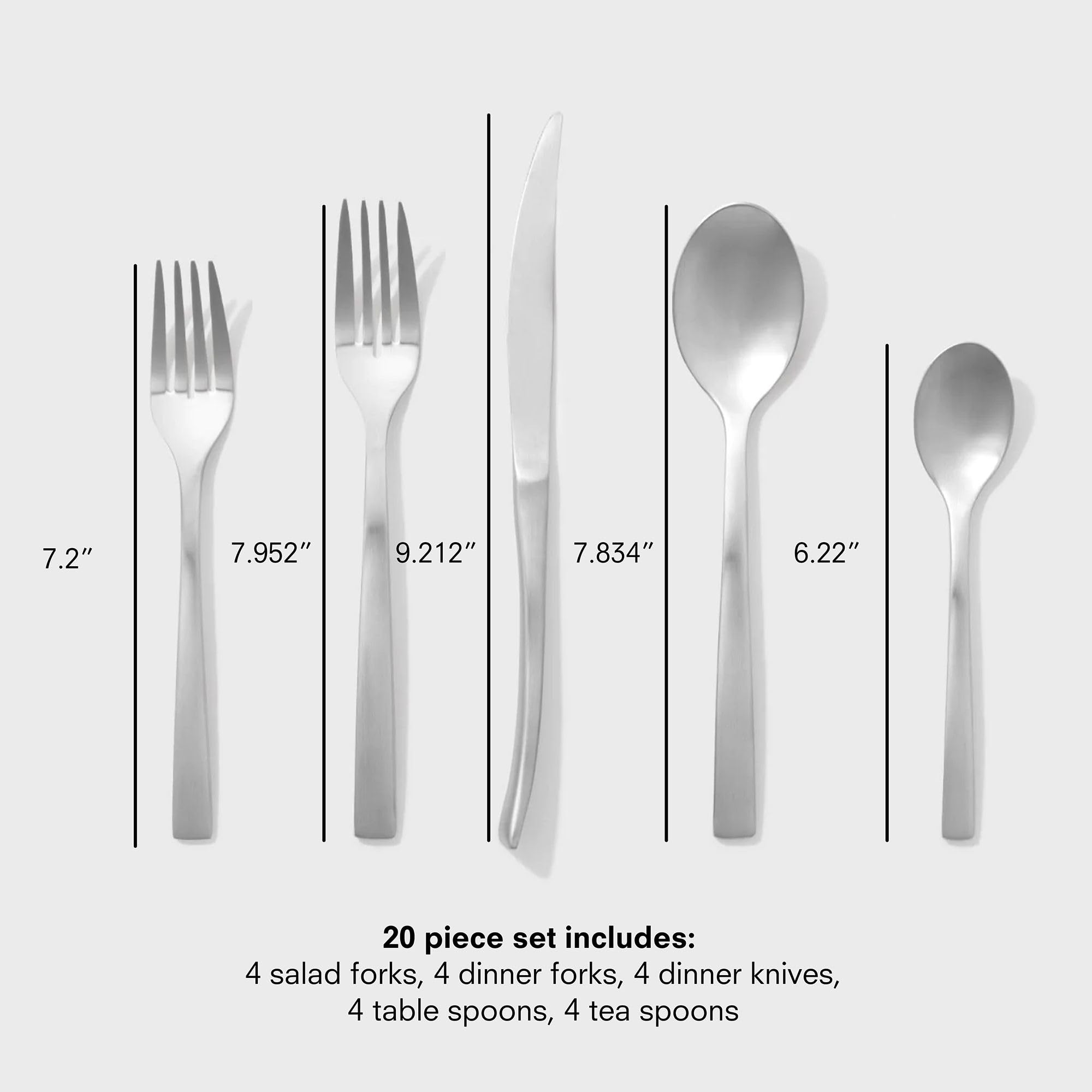 Public Goods 18/10 Stainless Steel Forged Flatware Set | Heavy Duty Silverware | Dishwasher Safe | 20 Piece Set | 4 Salad Forks, 4 Dinner Forks, 4 Dinner Knives, 4 Table Spoons, and 4 Tea Spoons