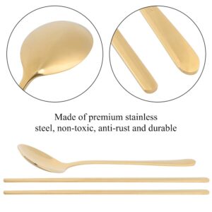 QANYEGN 304 Stainless Steel Spoon and Chopsticks, Flat Long Handle Chopsticks and Spoon Set with Gift Box, Korean Tableware Set for Home Kitchen, Restaurant(Gold)