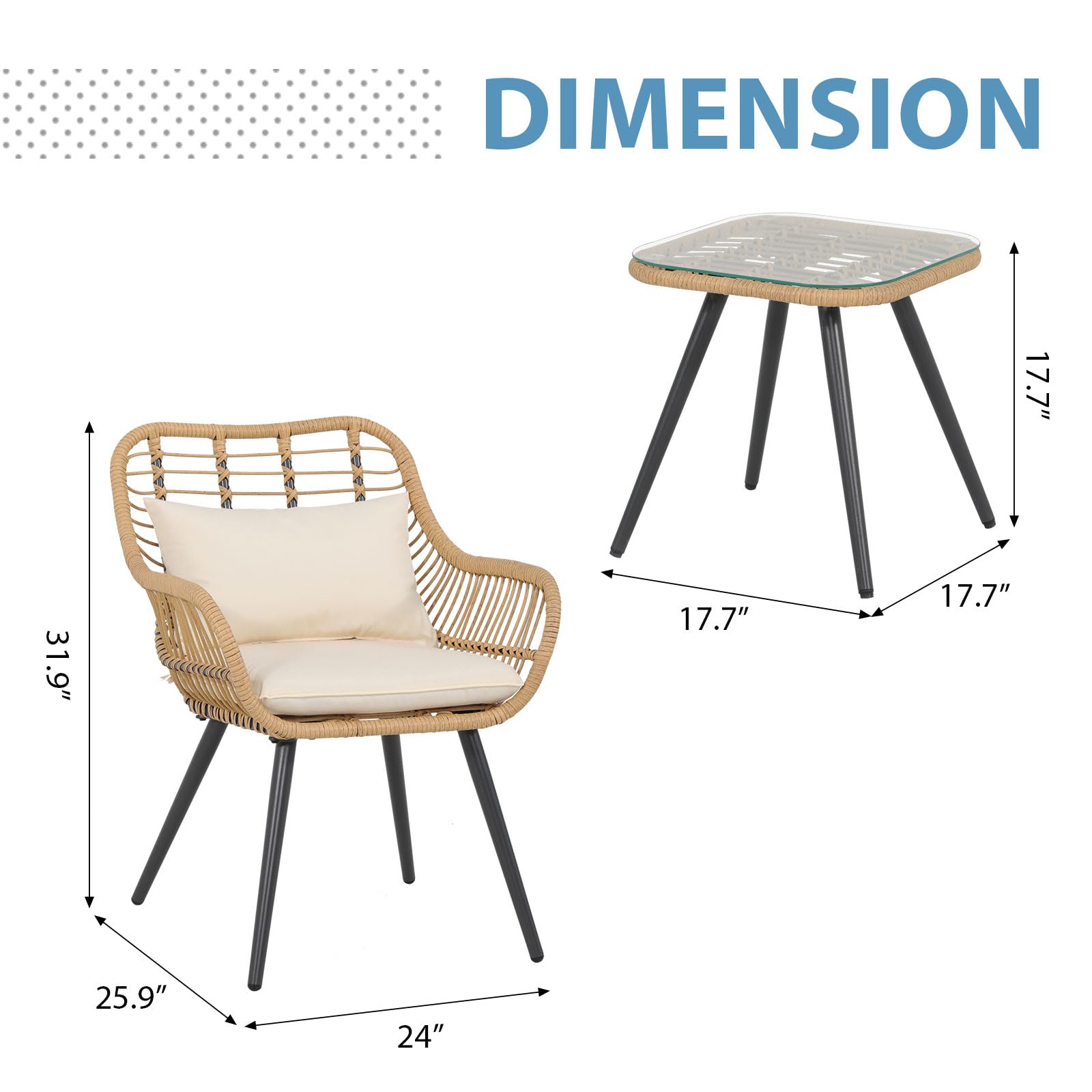 JOIVI 3 Piece Outdoor Wicker Conversation Bistro Set, Patio Furniture Rattan Chairs and Square Side Table Set for Porch, Balcony, Poolside, Yard, White Cushion