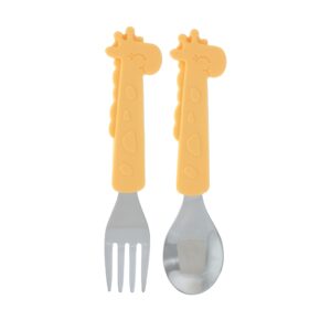 nuby animal friends silicone and stainless steel fork and spoon set - 12+ months - yellow giraffe