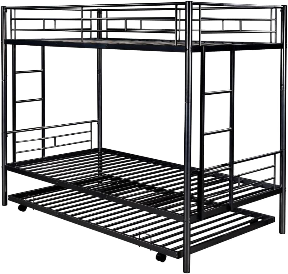 DaiNNCN Twin Over Twin Bunk Bed with Trundle,Can Be Divided Into 3 Bed Metal Heavy Duty for Kids Boys Girls Adults-Black