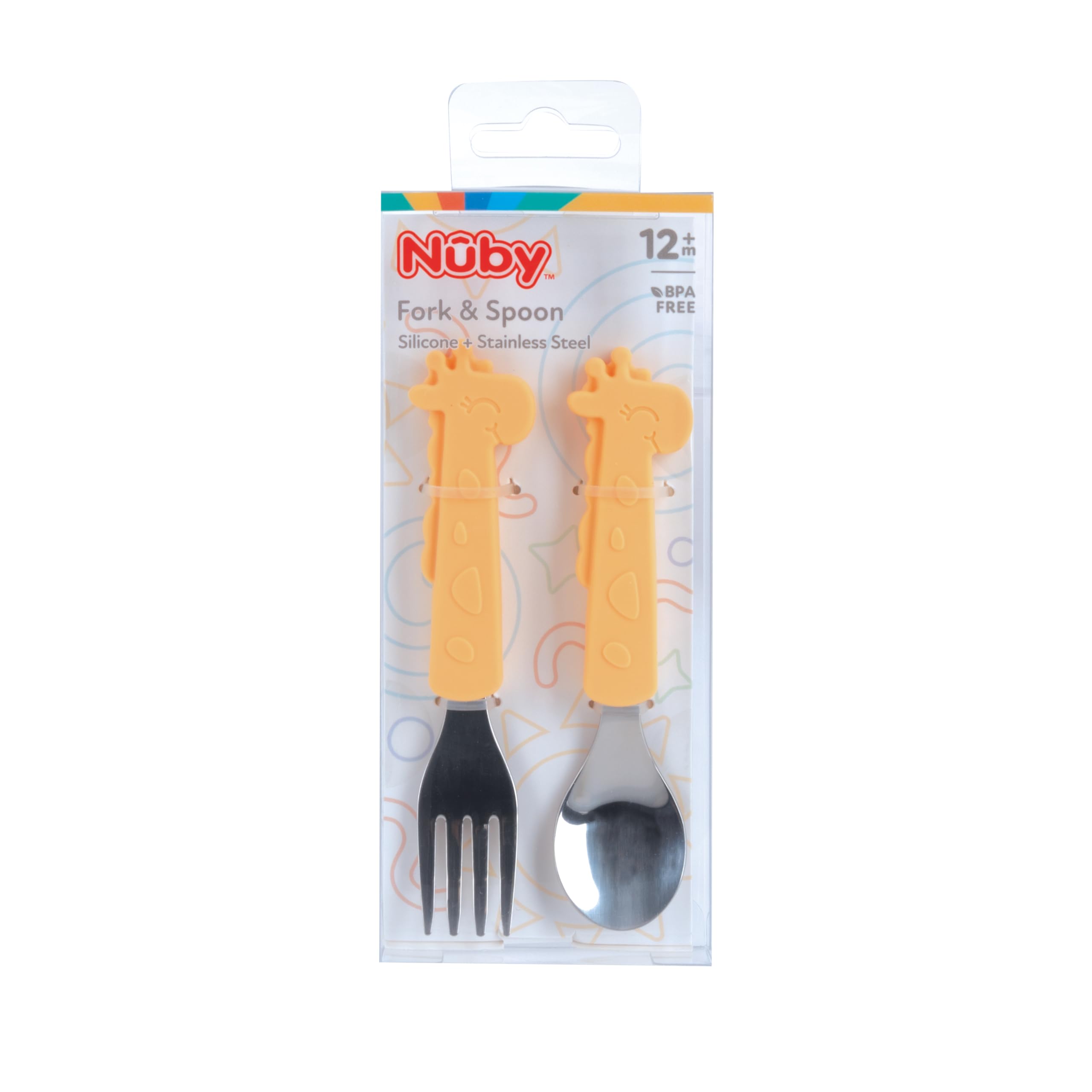 Nuby Animal Friends Silicone and Stainless Steel Fork and Spoon Set - 12+ Months - Yellow Giraffe