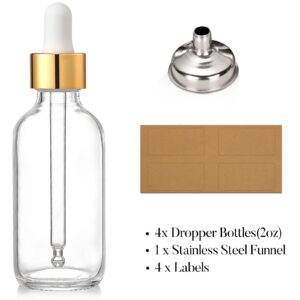 AOZITA Set of 4, 2 oz Golden Cap Clear Dropper Bottles (60ml) with 1 Funnel & 4 Labels - Glass Tincture Bottles for Essential Oils with Eye Droppers - Leak Proof Travel Bottles for Liquids