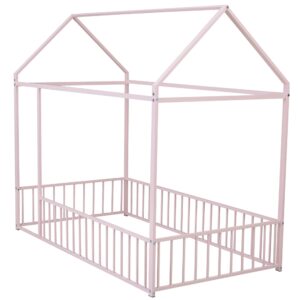 Aiuyesuo Playhouse Design Twin Size House Bed with Fence, Metal Montessori Floor Bed Frame with Roof for Toddler, Kids, Teens, Girls, Boys, No Box Spring Needed (Pink-T9)