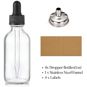 AOZITA Set of 4, 1 oz Clear Eye Dropper Bottles with 1 Stainless Steel Funnels & 4 Labels - Black Caps 30ml Thick Glass Tincture Bottles - Leakproof Essential Oils Bottle for Storage and Travel