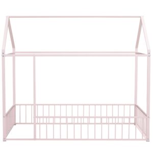 Aiuyesuo Playhouse Design Twin Size House Bed with Fence, Metal Montessori Floor Bed Frame with Roof for Toddler, Kids, Teens, Girls, Boys, No Box Spring Needed (Pink-T9)