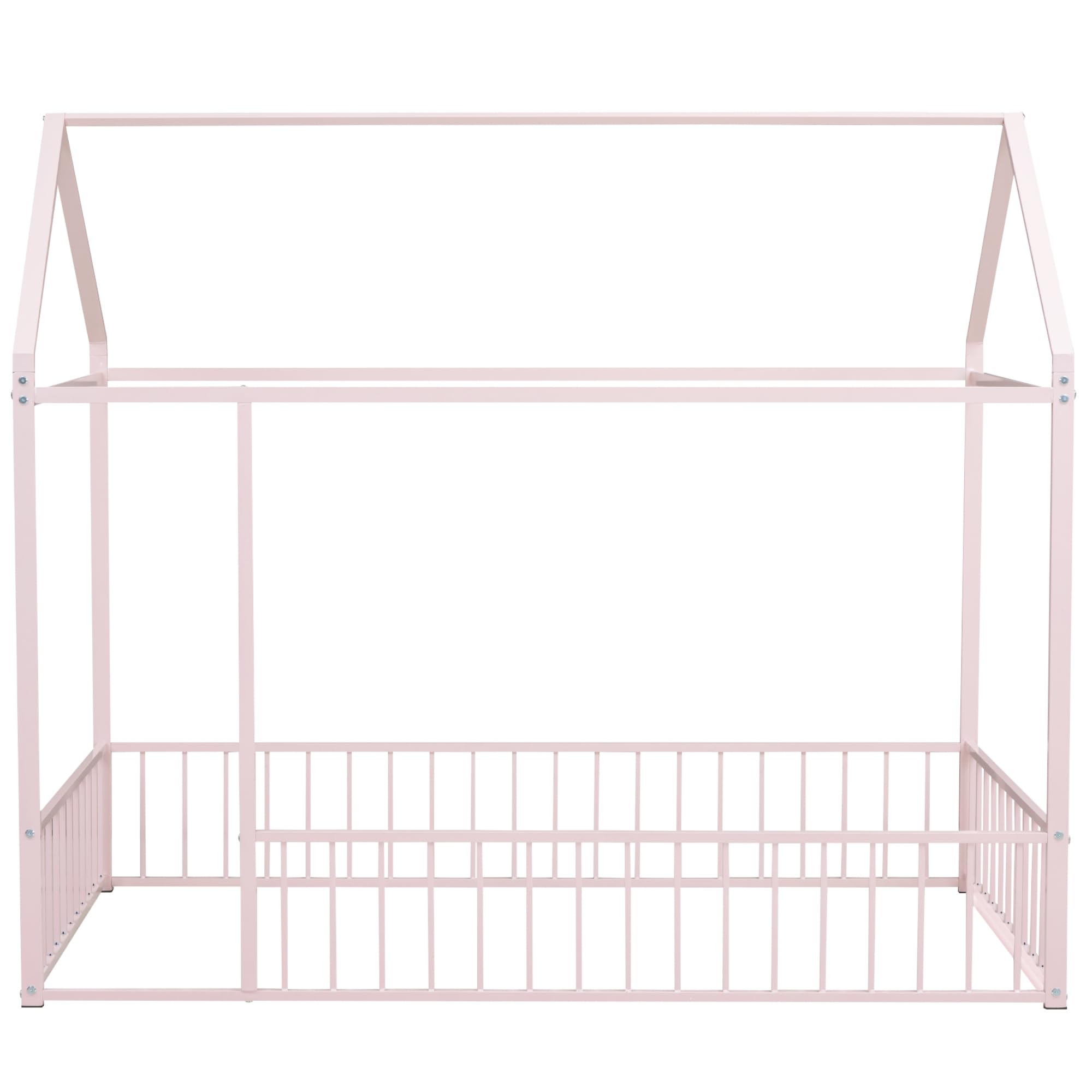 Aiuyesuo Playhouse Design Twin Size House Bed with Fence, Metal Montessori Floor Bed Frame with Roof for Toddler, Kids, Teens, Girls, Boys, No Box Spring Needed (Pink-T9)