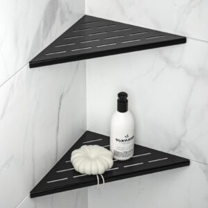 bernkot 10'' corner shower shelf 2pcs, 304 stainless steel grout in bathroom shelves for tiled wall, no drilling needed (10'', black)