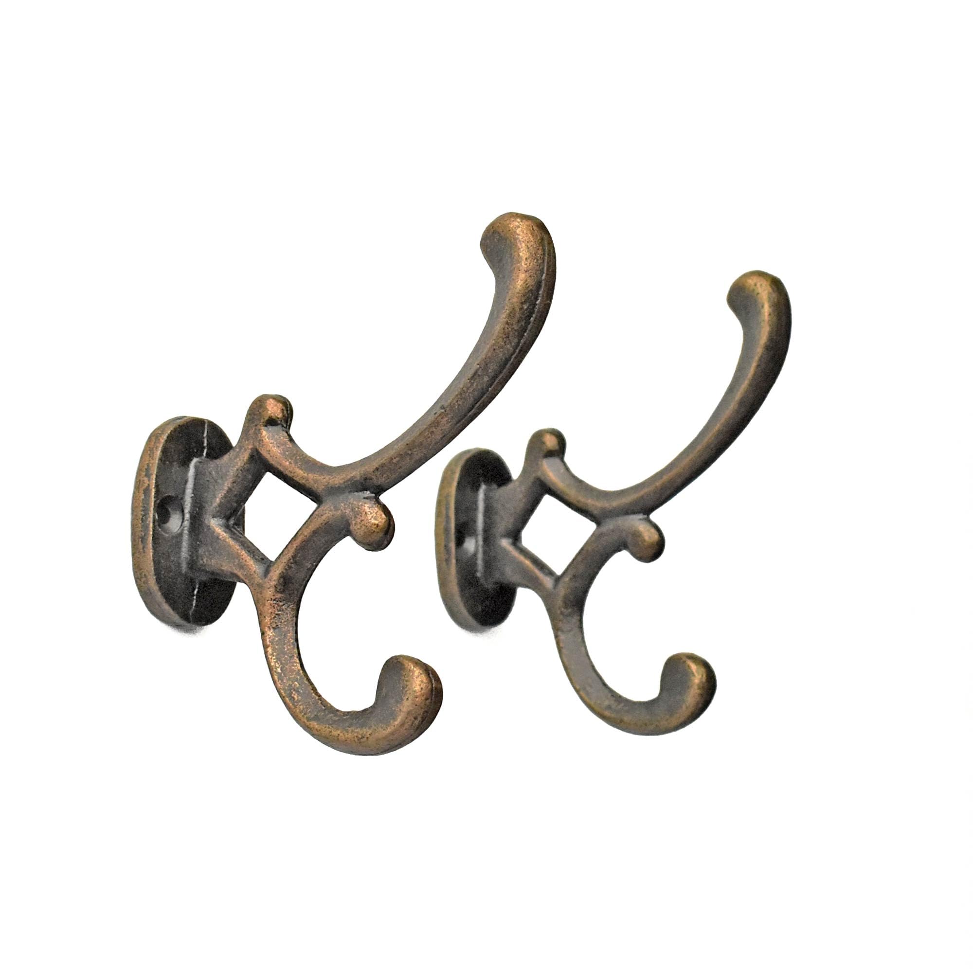 BROOK AND BIRCH Antique Brass Coat Hooks Wall Mounted Iron Hooks Vintage Iron Double Hooks for Hanging Coats Towels Hats Bags Cups - Set of 2