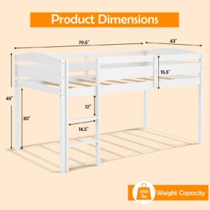 KOTEK Twin Loft Bed, Solid Wood Low Loft Bed for Kids with Ladder & Guard Rails, No Box Spring Needed, Space-Saving Loft Bed Frame for Boys & Girls (White)