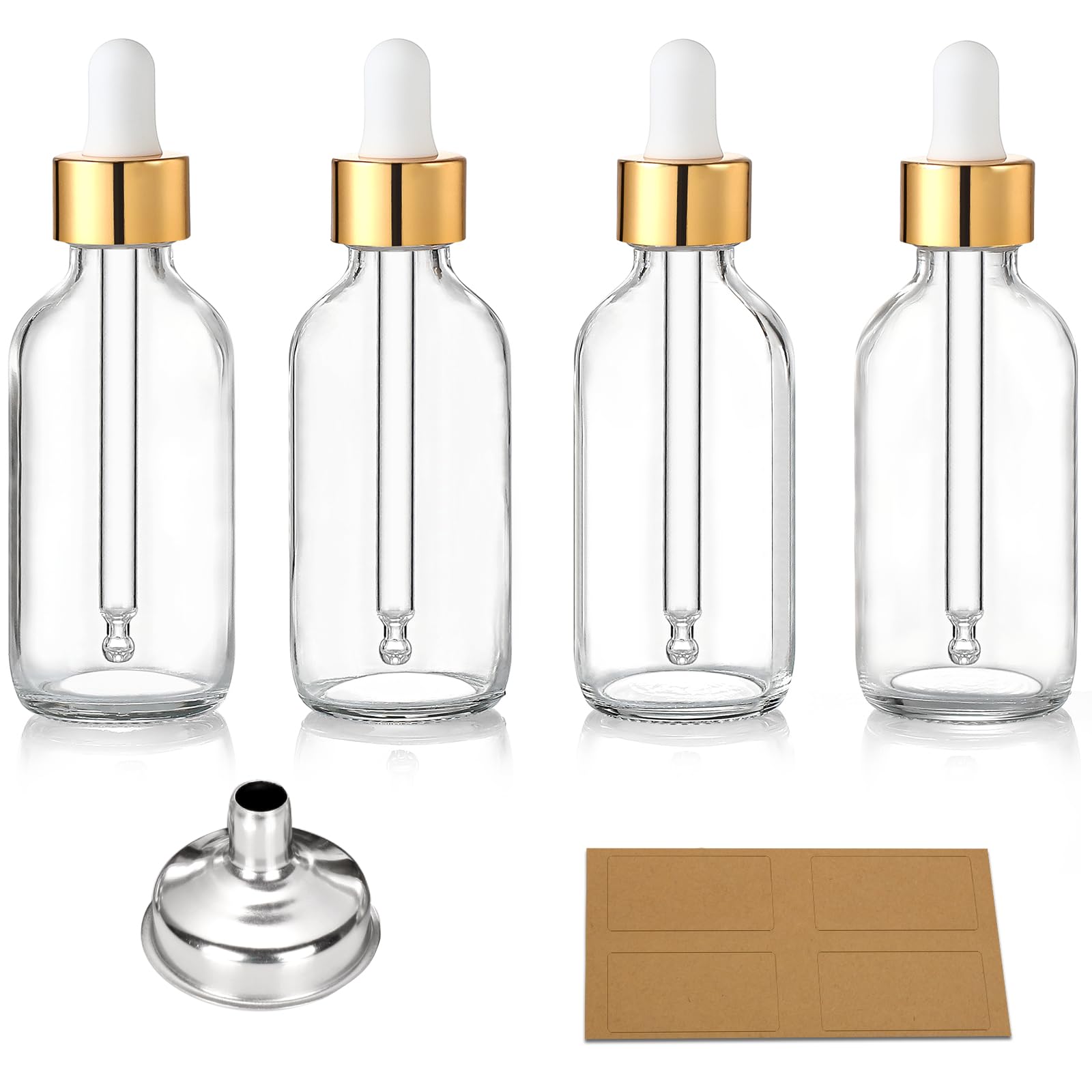 AOZITA Set of 4, 2 oz Golden Cap Clear Dropper Bottles (60ml) with 1 Funnel & 4 Labels - Glass Tincture Bottles for Essential Oils with Eye Droppers - Leak Proof Travel Bottles for Liquids