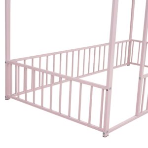 Aiuyesuo Playhouse Design Twin Size House Bed with Fence, Metal Montessori Floor Bed Frame with Roof for Toddler, Kids, Teens, Girls, Boys, No Box Spring Needed (Pink-T9)