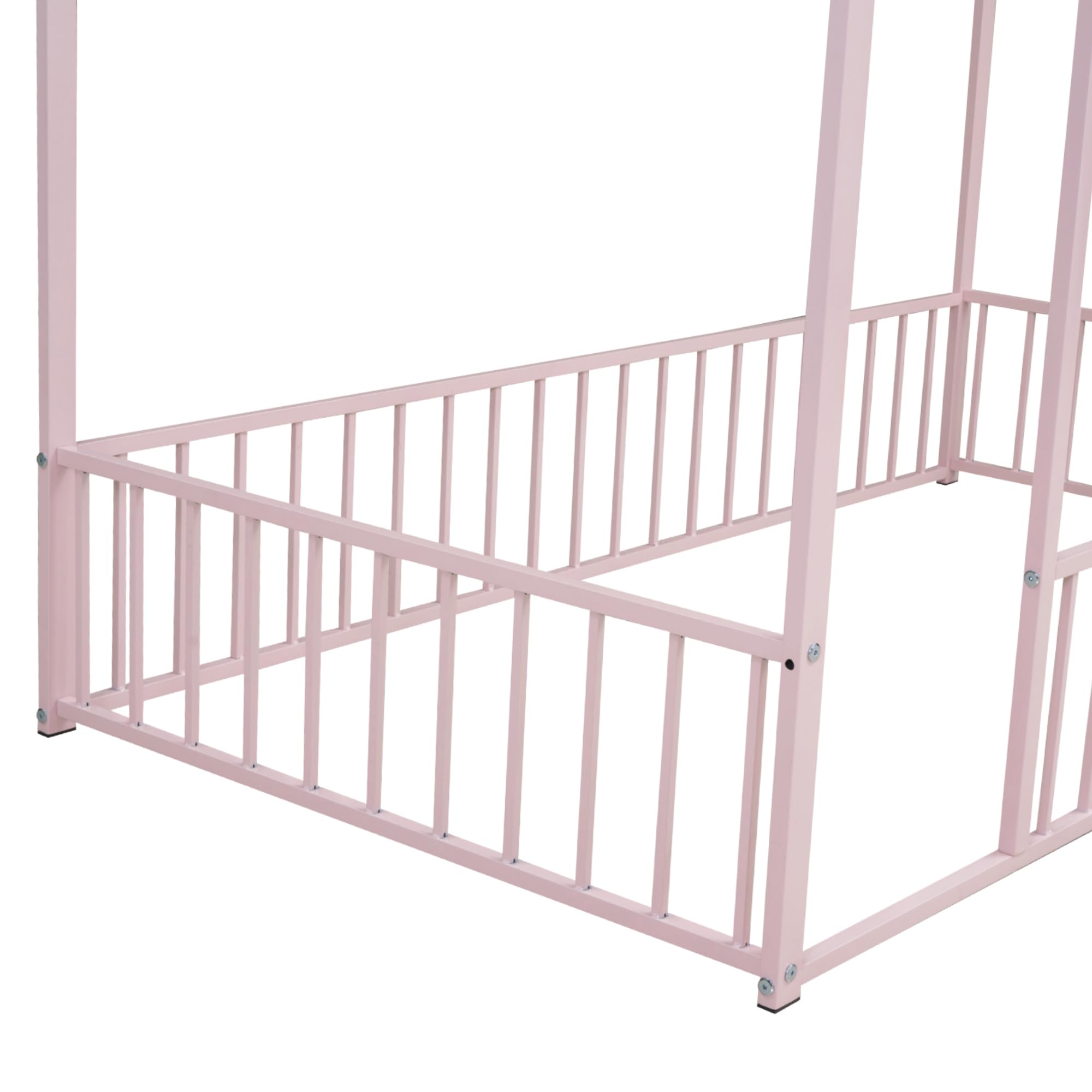 Aiuyesuo Playhouse Design Twin Size House Bed with Fence, Metal Montessori Floor Bed Frame with Roof for Toddler, Kids, Teens, Girls, Boys, No Box Spring Needed (Pink-T9)