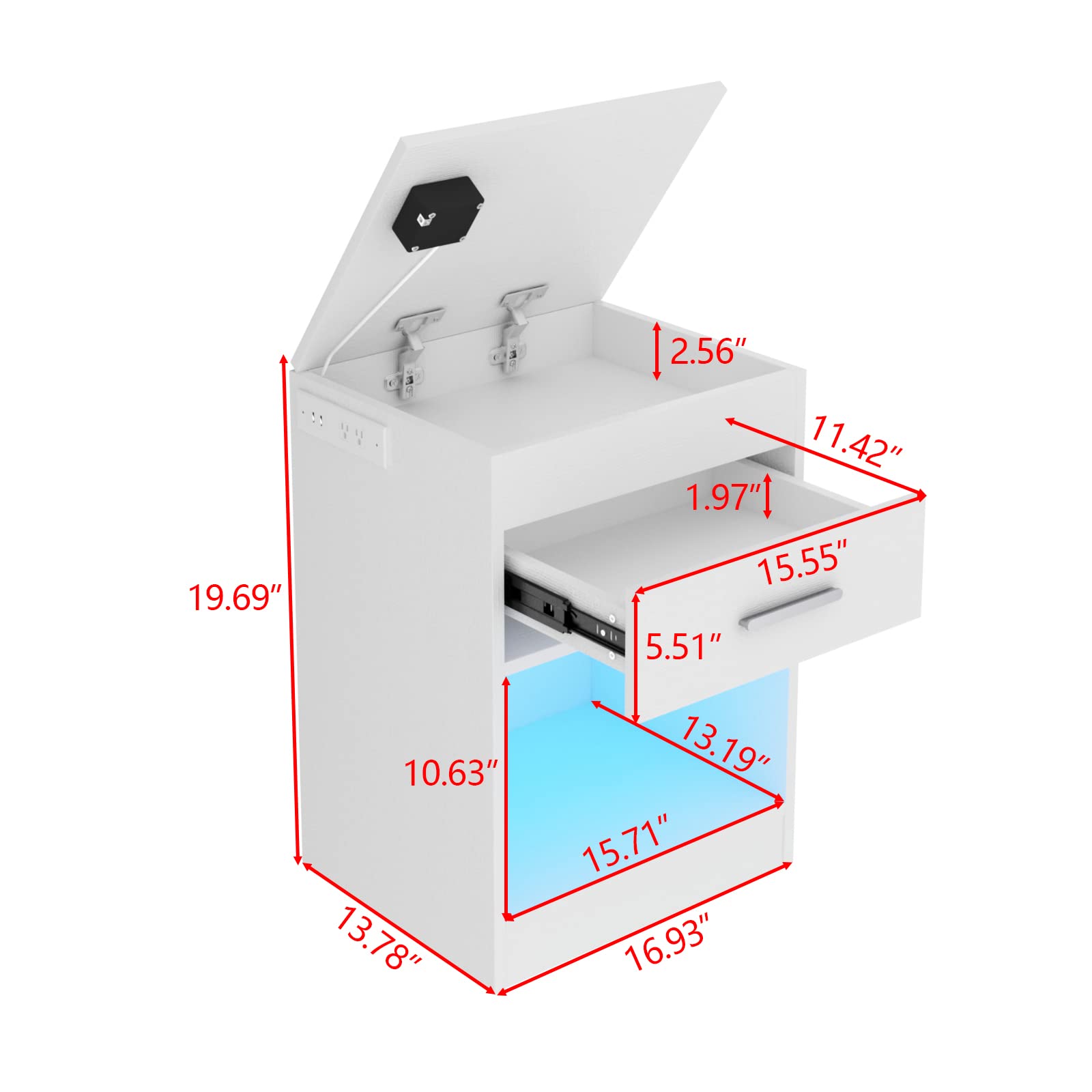 Gyfimoie LED Nightstand with Charging Station, Modern Bedroom End Side Table with Lock Cabinet and Power Outlets, Sofa Bedside Table with Hidden Compartment for Valuables Storage