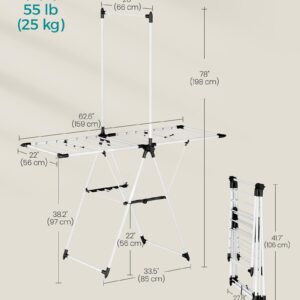 SONGMICS Clothes Drying Rack, Foldable 2-Level Laundry Drying Rack, Free-Standing Airer, 1 Additional Tall Hanging Bar, 2 Height-Adjustable Wings, 24 Drying Rails, Space Savng, Simply White ULLR521W01