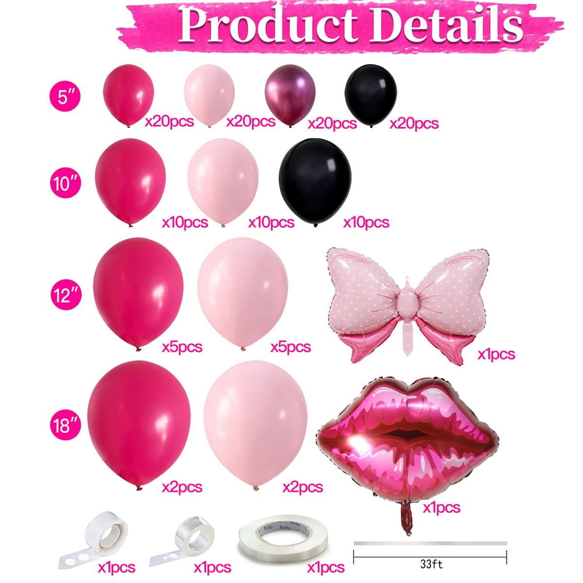 128 PCS Black Hot Pink Girl Balloons Garland Arch Kit Disco Metallic Balloons for Wedding Baby Shower Birthday Graduation Anniversary Girl Party Decorations