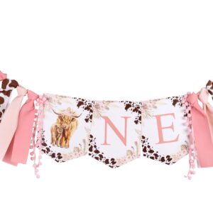 Highland Cow 1st Birthday Decorations Girl - Highland Cow High Chair Banner, Boho Highland Cattle Party Decorations, Pink Holy Cow Im One Farm Animal Birthday Party Decorations