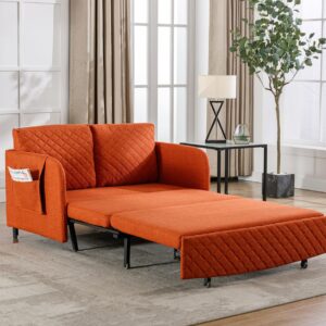 Pull Out Futon Sofa Bed, Convertible Small Loveseat Sleeper with Storage Drawer, 3 in 1 Futon Couch with Removable Pocket and 2 Pillows, Modern Love Seat for Living Room, Guest Room, Deep Orange