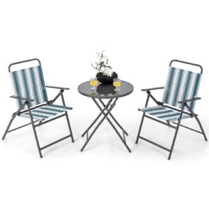 giantex 3 pcs patio bistro set, folding table and chairs set, metal outdoor dining set with 2 chairs, glass round side table, conversation furniture set for yard porch deck backyard