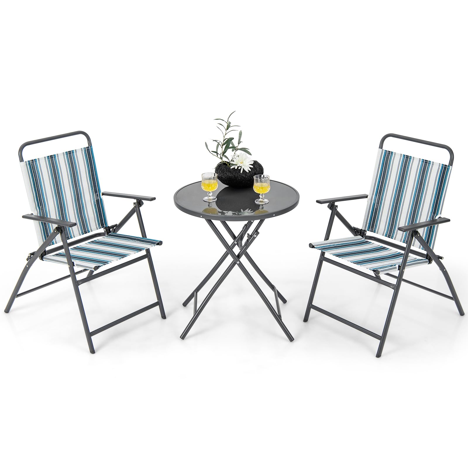 Giantex 3 Pcs Patio Bistro Set, Folding Table and Chairs Set, Metal Outdoor Dining Set with 2 Chairs, Glass Round Side Table, Conversation Furniture Set for Yard Porch Deck Backyard