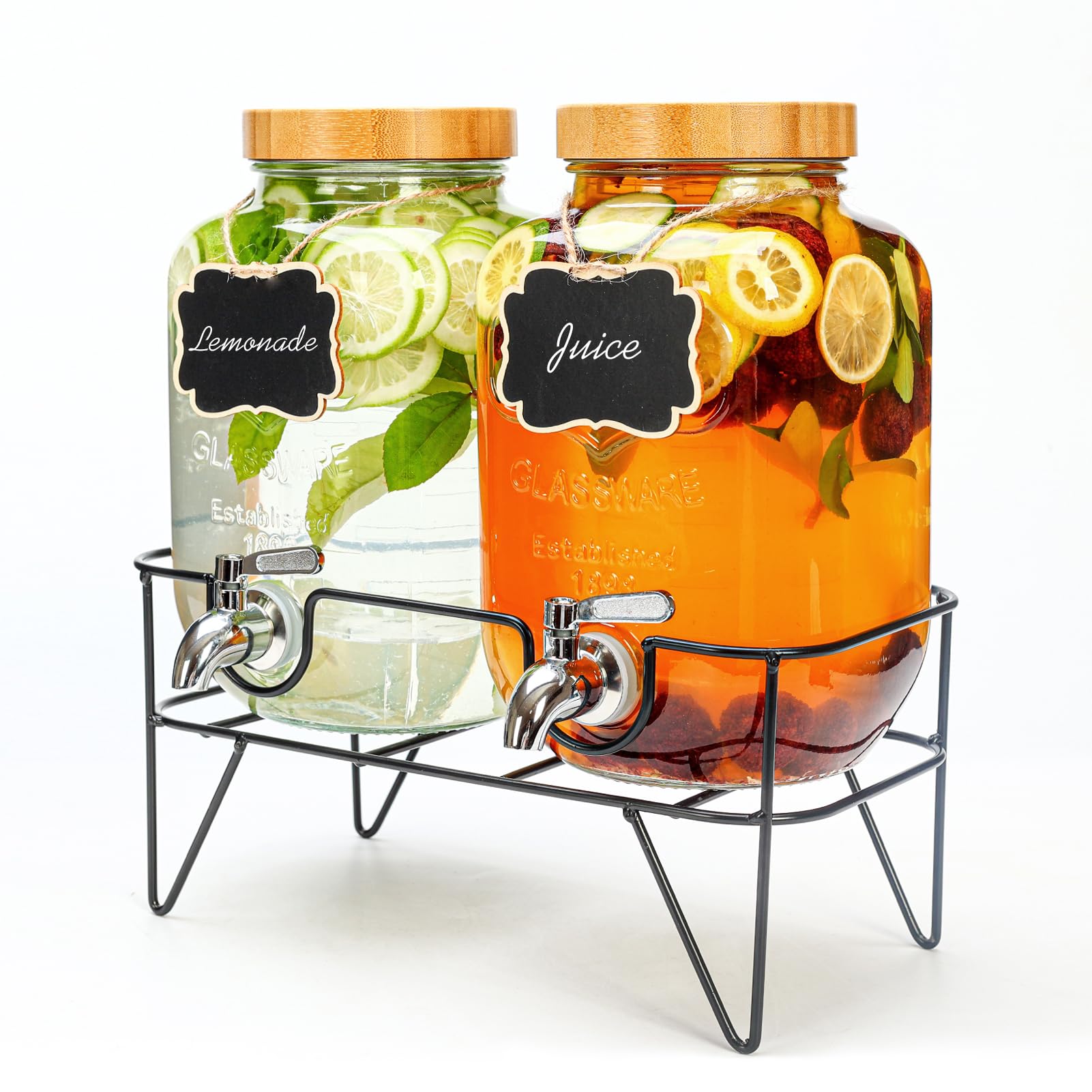 Roemey 1 Gallon Glass Drink Dispenser with Bamboo Lid, 2 Pack Beverage Dispenser with Stand, Drink Machine for Lemonade, Iced drinks, Kombucha Dispenser for Parties, Weddings