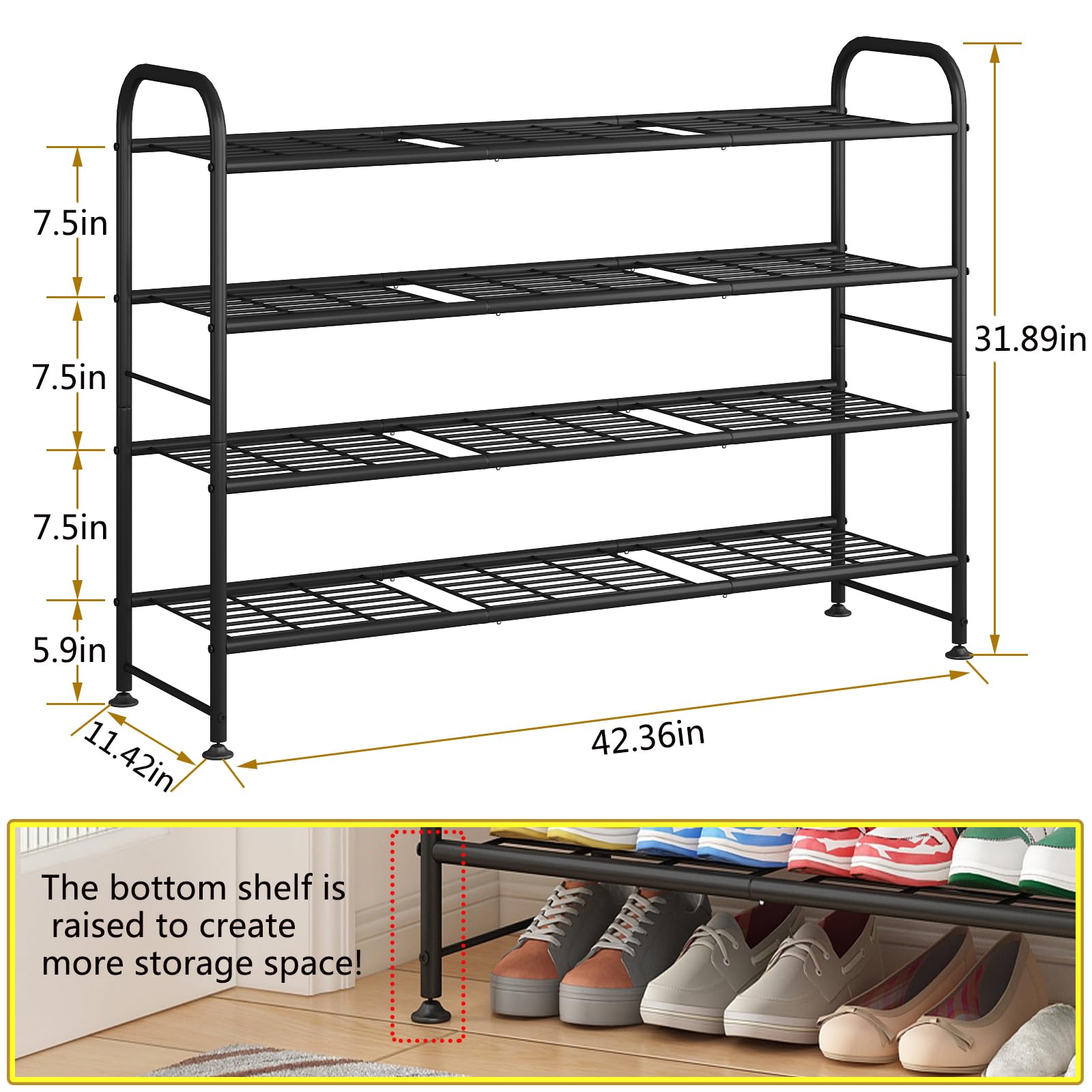 LINZINAR Shoe Rack 4 Tier Storage Organizer for Closet Entryway Metal Black