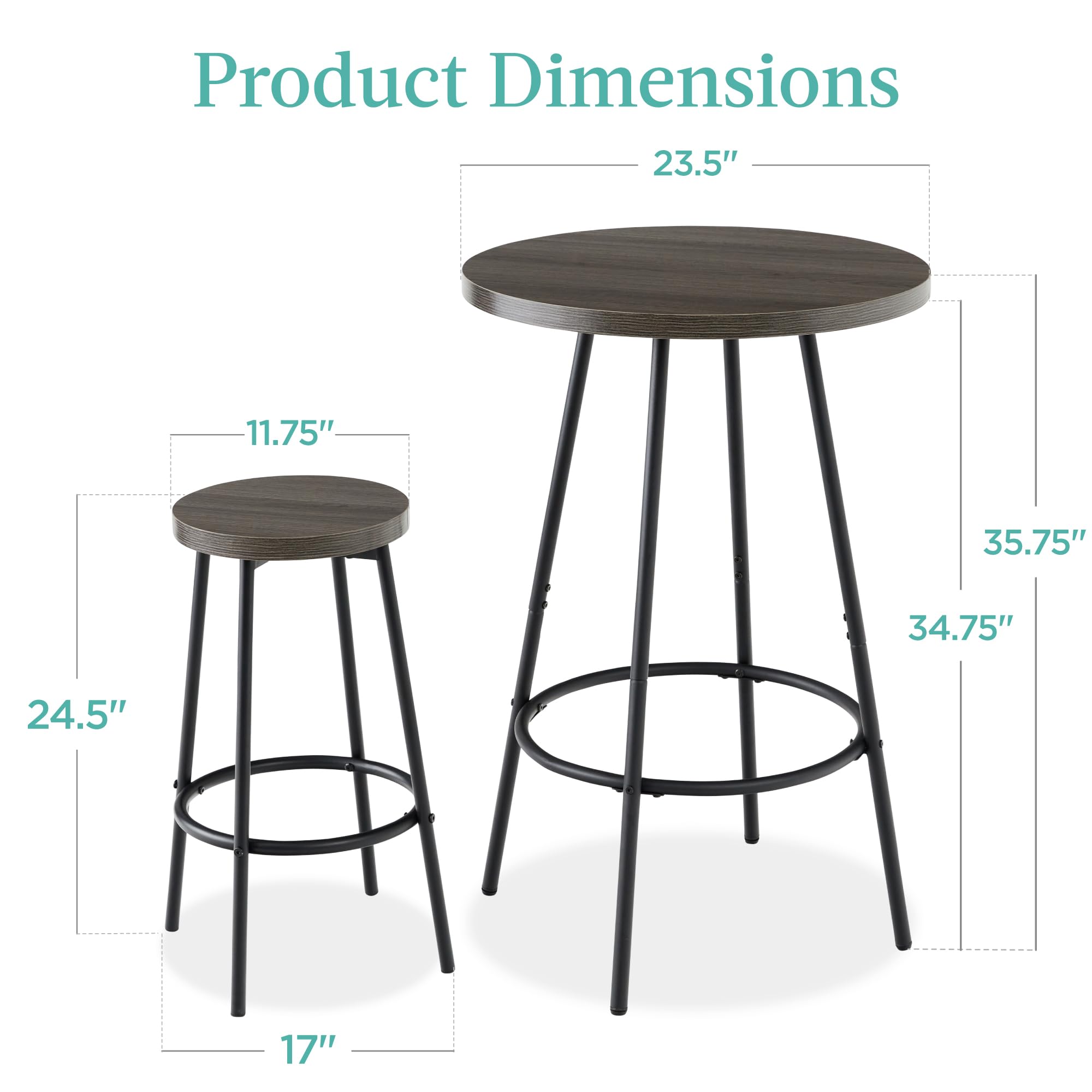 Best Choice Products Bistro Dining Set 3 Piece, Modern Round Counter Height Pub Table, Compact High Top with Bar Stools Pub Dining Set for Kitchen, Breakfast Room - Dark Gray