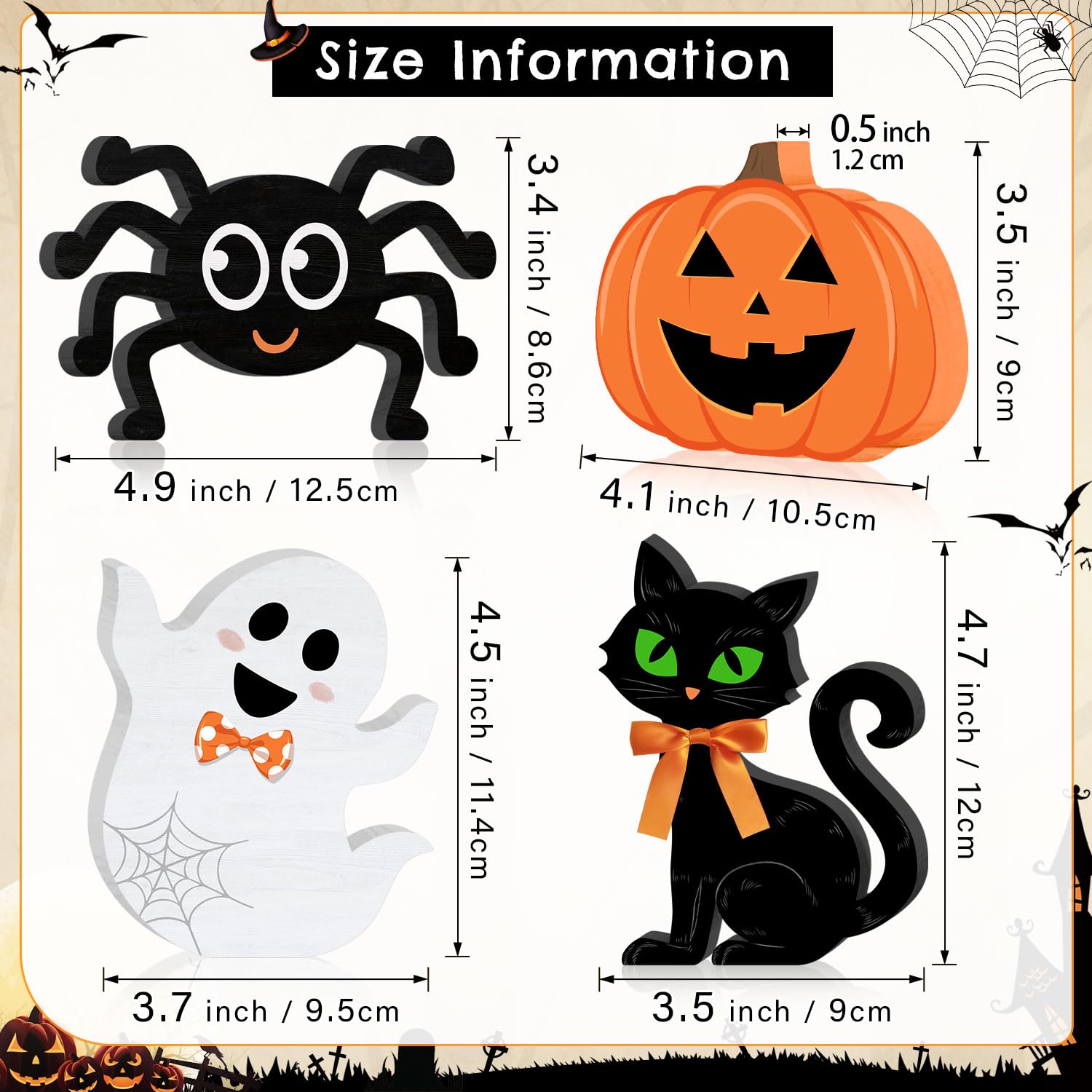 Halloween Wooden Signs Pumpkin Decor, 4PCS Halloween Table Signs Pumpkin Ghost Spider Black Cat Freestanding Rustic Decorative Signs, Halloween Tiered Tray Centerpiece Indoor Decorations for Home