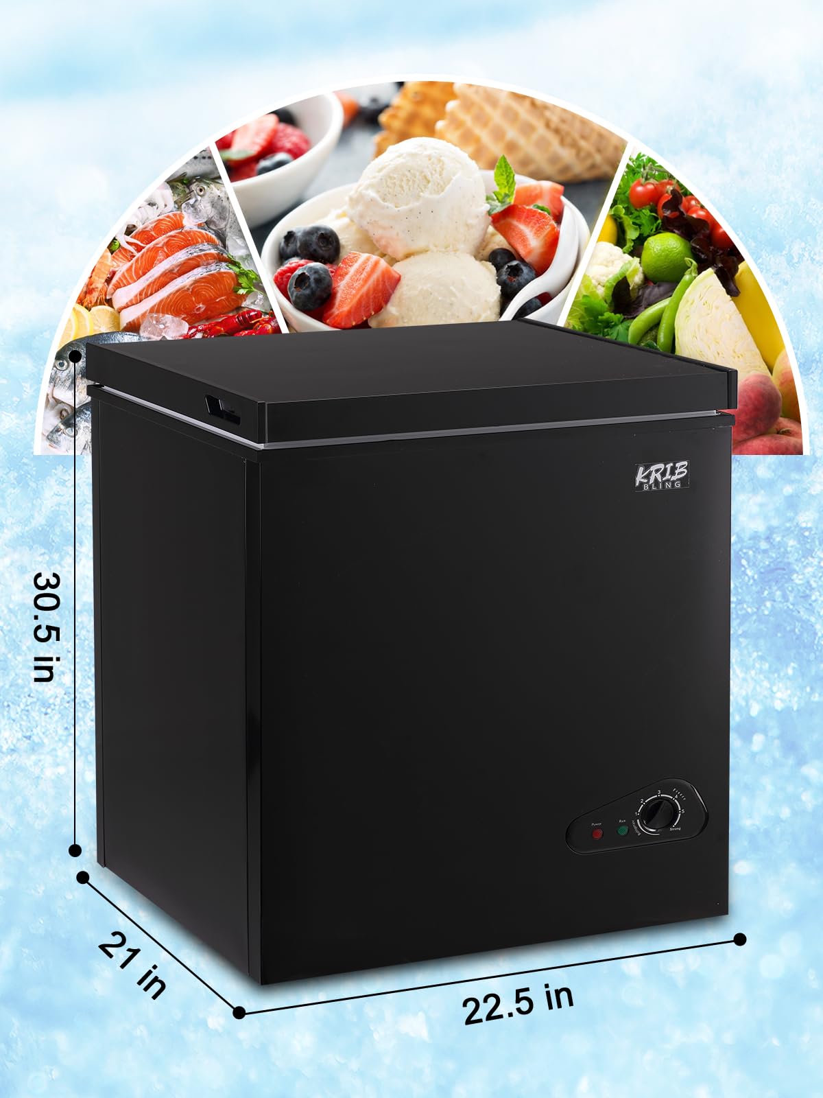 Chest Freezer KRIB BLING 5.0 cu.ft Mini Adjustable 7 Thermostat Compact Deep Freezer Top Door Low Noise with Removable Basket Black