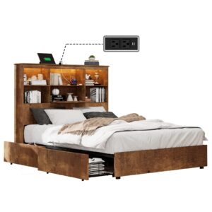 LUXOAK King Size Bed Frame with LED Bookcase Headboard, Wooden Storage Bed with Charging Station & 4 Drawers, No Box Spring Needed/Noise-Free/Rustic Brown